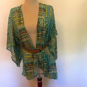 Kimono Green Boho Print Open Front Medium